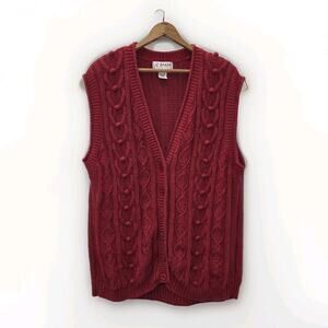 Liz Baker Women's XL Cable Knit Button-Front Sweater Vest Red Bauble Cotton